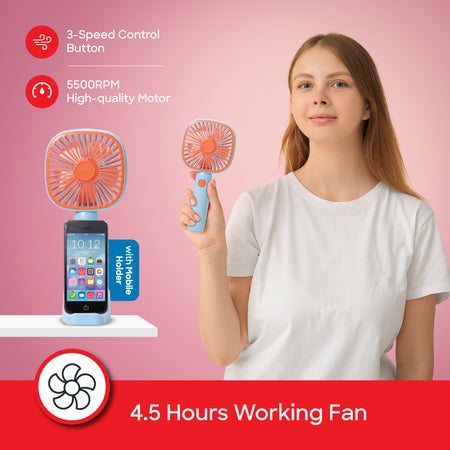 Sanford Rechargeable Hand Fan Combo | With Mobile Holder & Compact High-Speed Fan | USB-C Charging | 3-Speed | Portable Design - buysanford