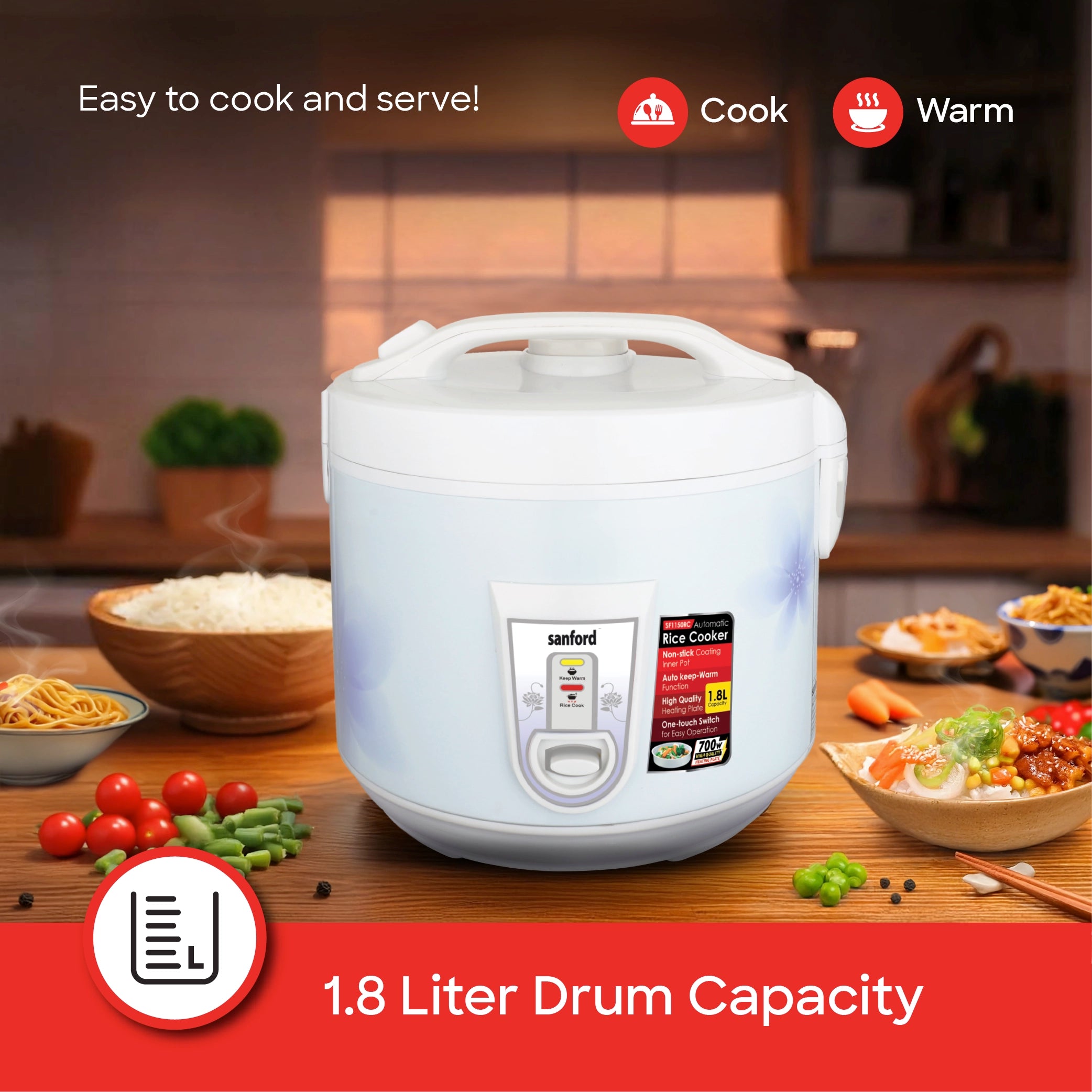 1.8L automatic rice cooker non stick pot keep warm function sanford 4
