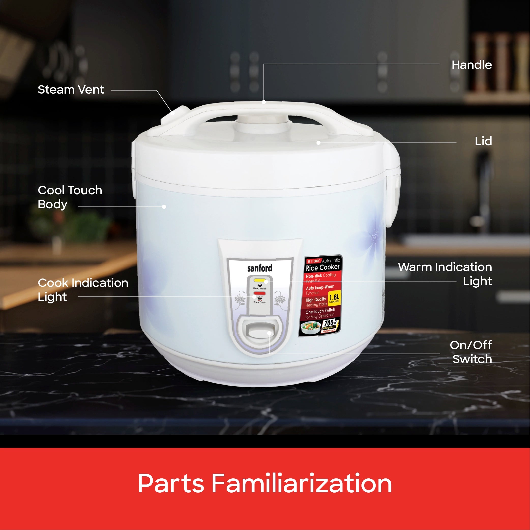 1.8L automatic rice cooker non stick pot keep warm function sanford 7