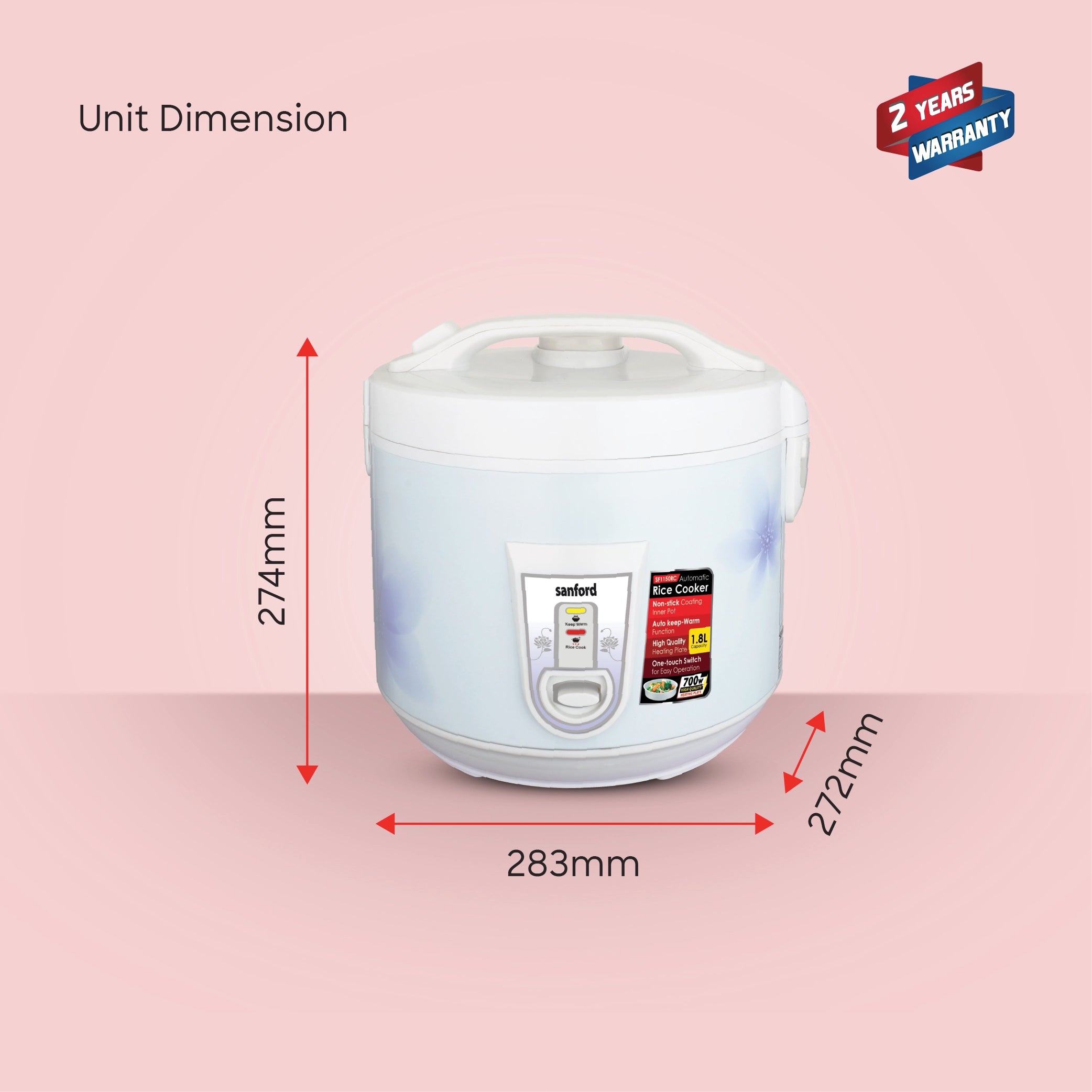 1.8L automatic rice cooker non stick pot keep warm function sanford 8