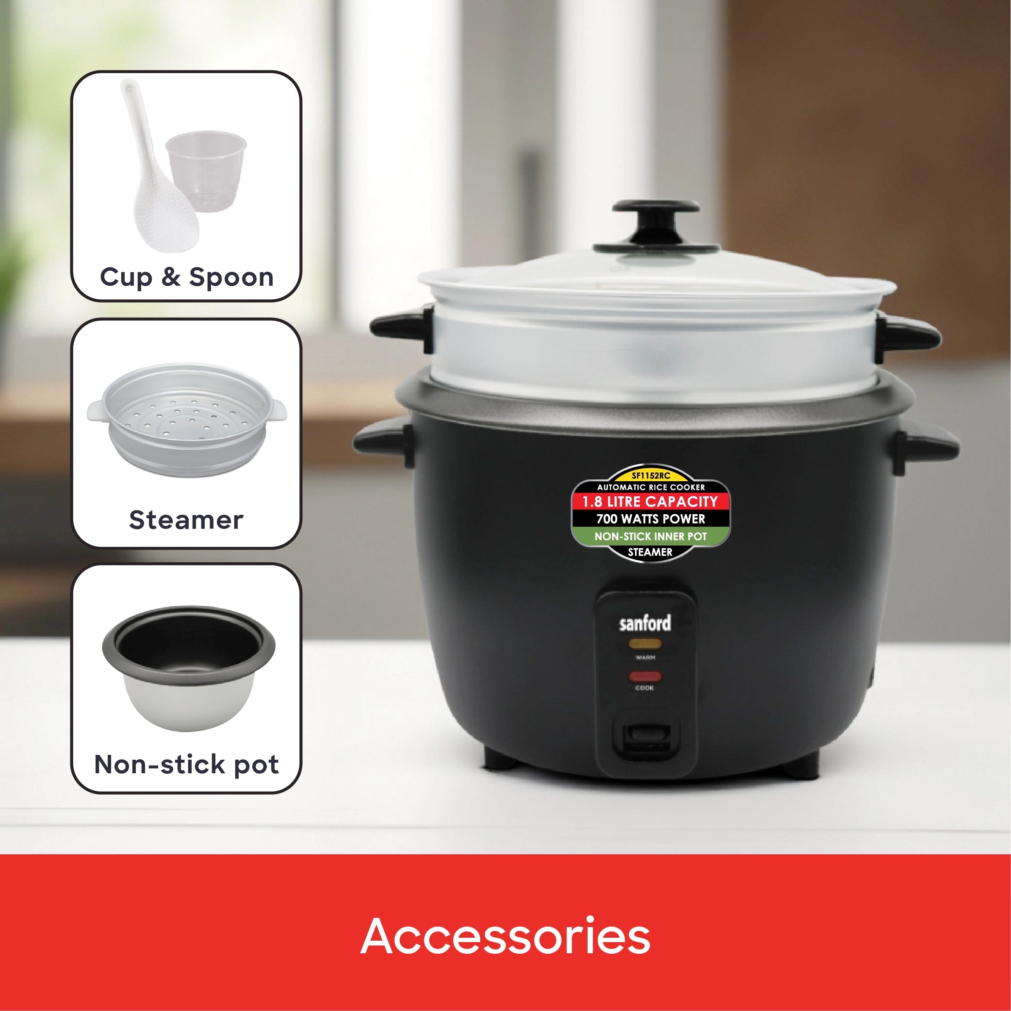 1.8L electric rice cooker with steamer sanford 5