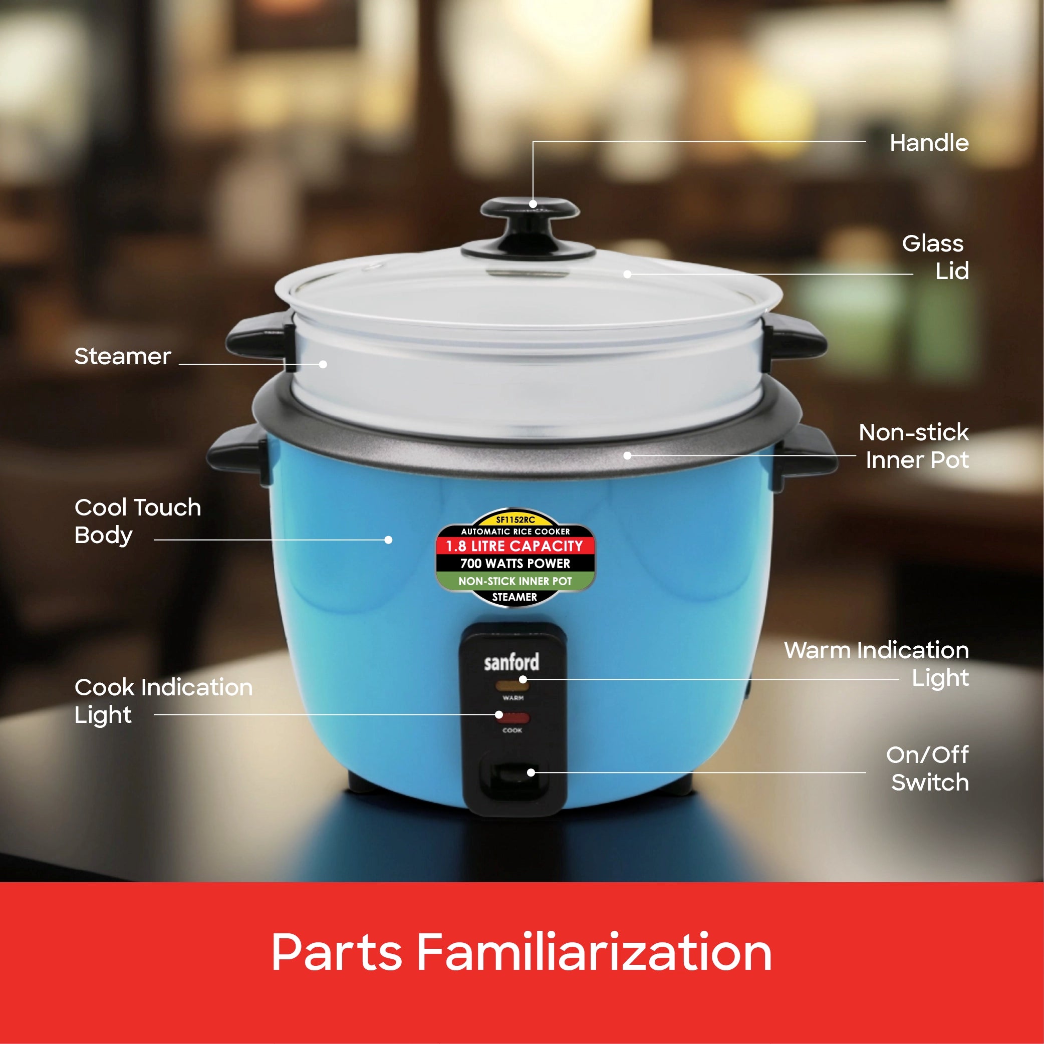 1.8L electric rice cooker with steamer sanford 8