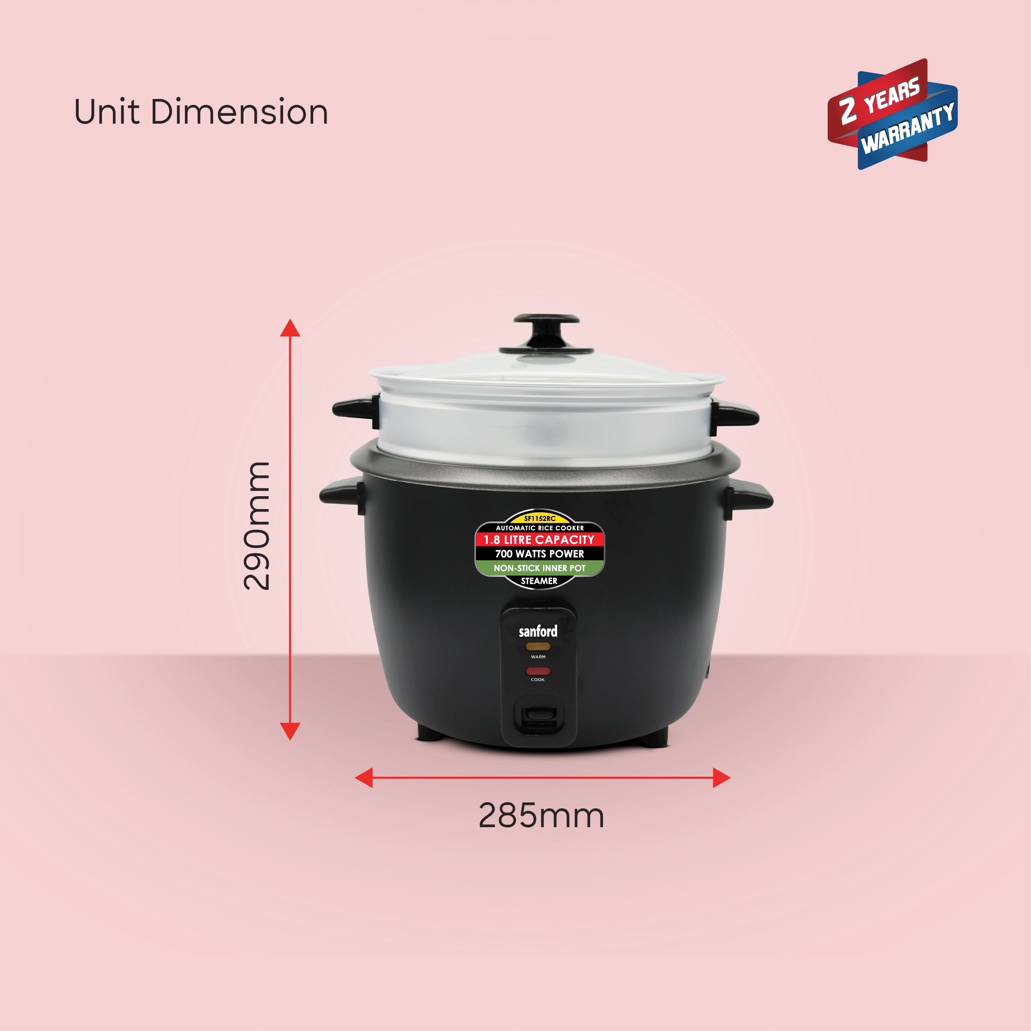 1.8L electric rice cooker with steamer sanford 9