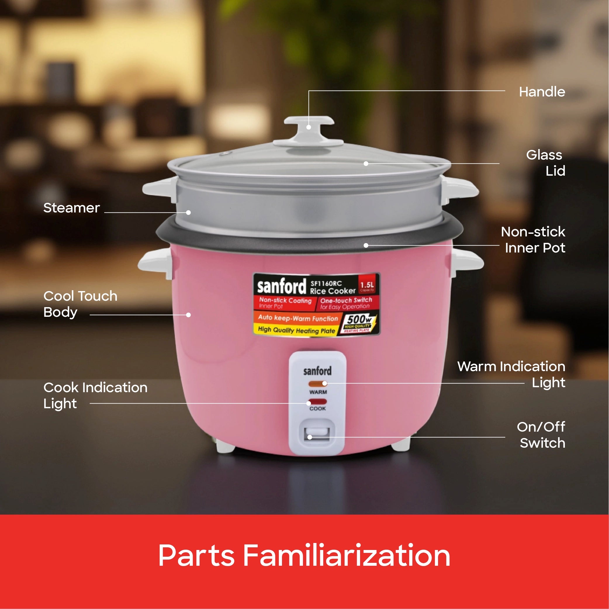 1.5L automatic rice cooker non stick pot keep warm function sanford 8