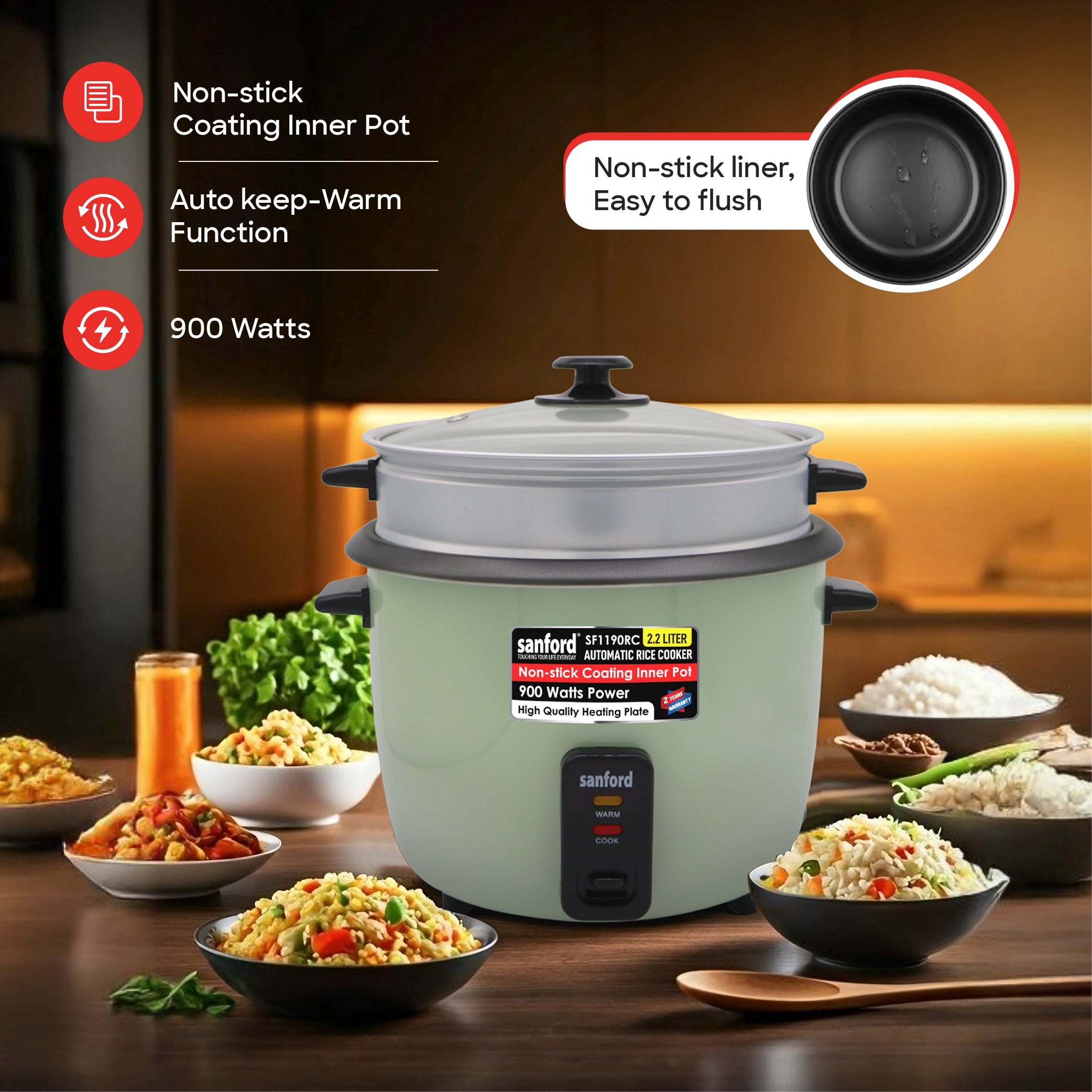 2.2L automatic rice cooker 900W non stick pot keep warm sanford 3