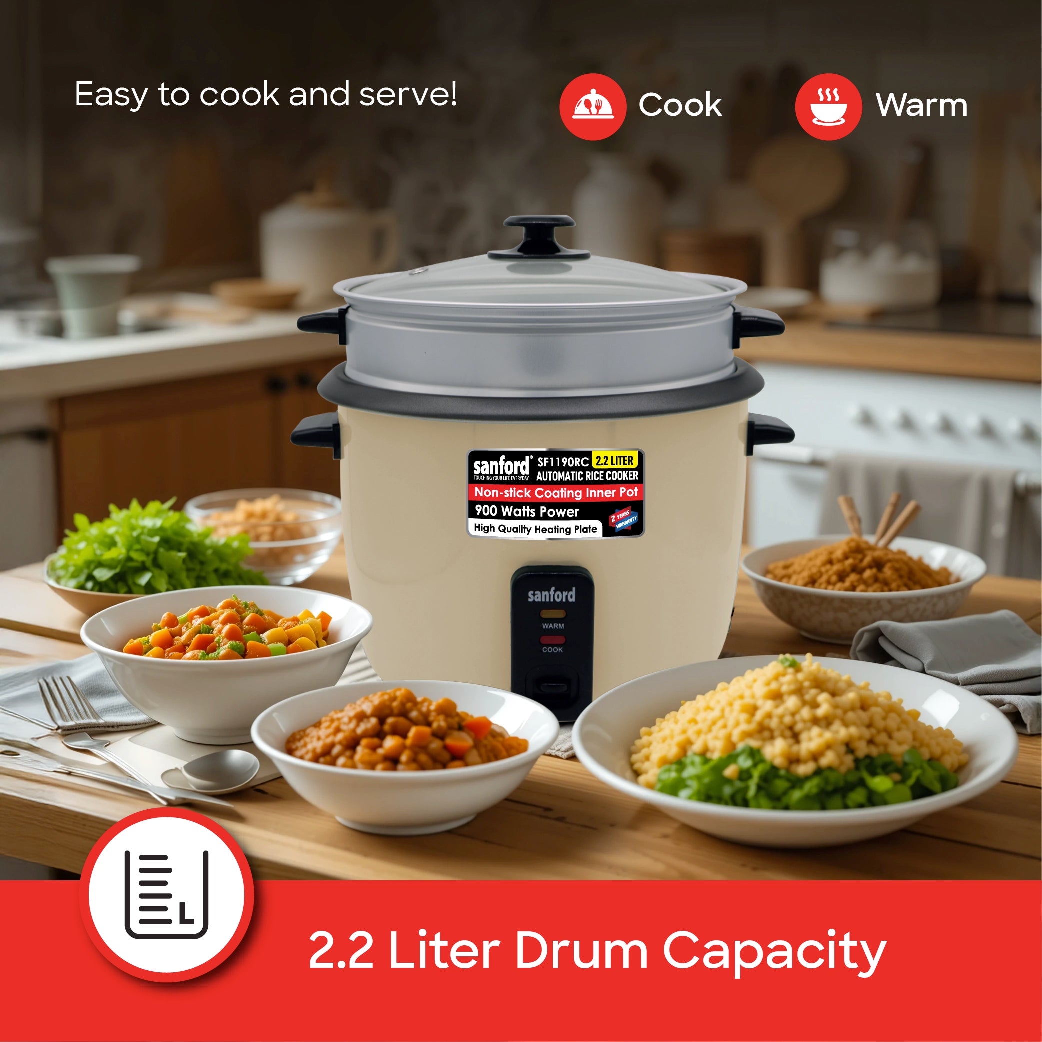2.2L automatic rice cooker 900W non stick pot keep warm sanford 4