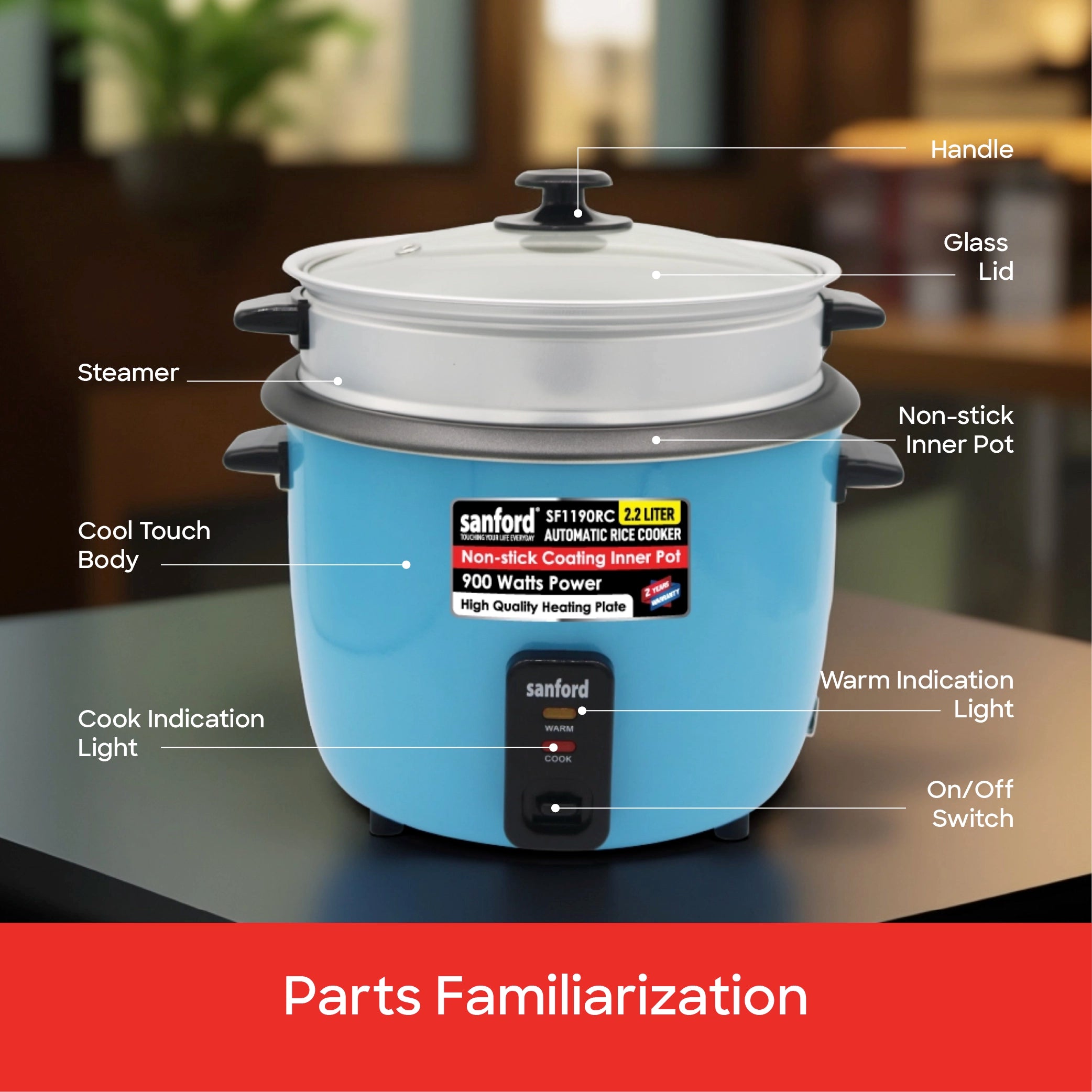 2.2L automatic rice cooker 900W non stick pot keep warm sanford 8