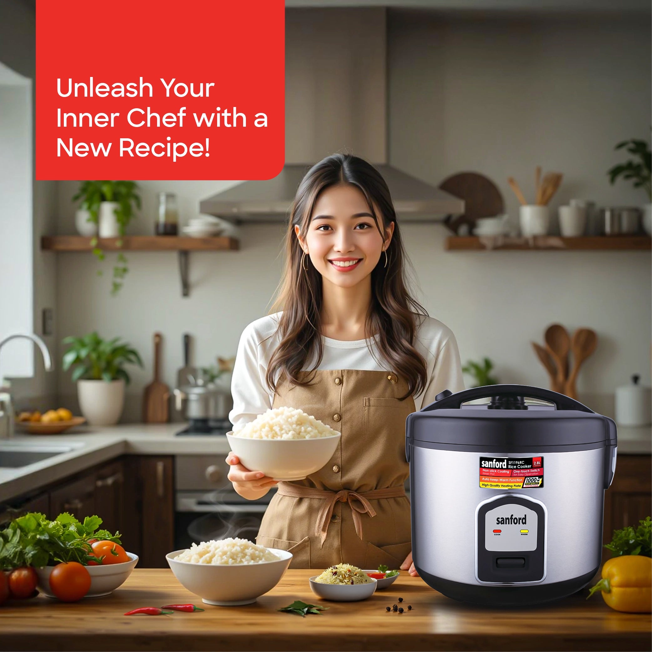 2.8L rice cooker 1000W non stick pot keep warm function sanford 2