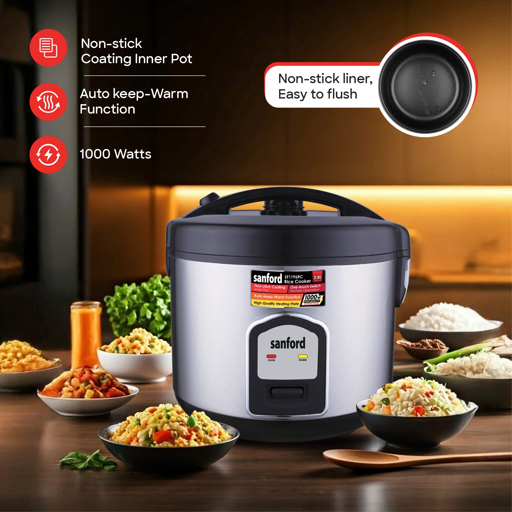 2.8L rice cooker 1000W non stick pot keep warm function sanford 3
