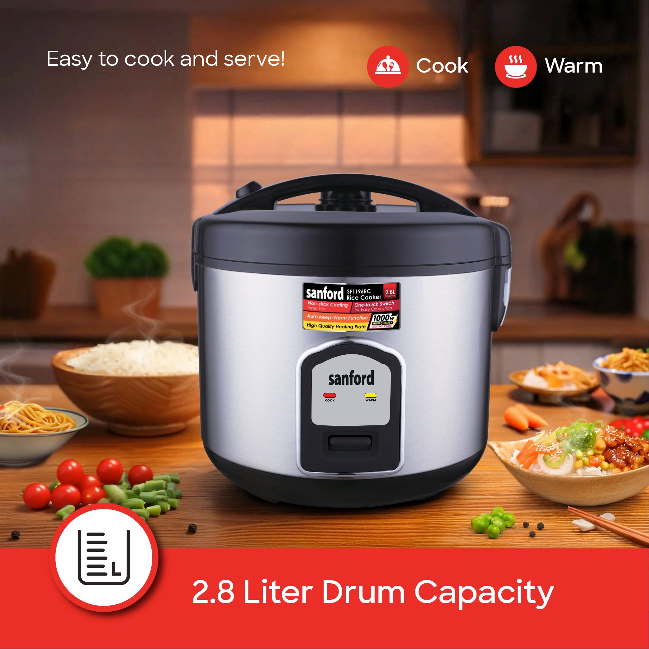 2.8L rice cooker 1000W non stick pot keep warm function sanford 4