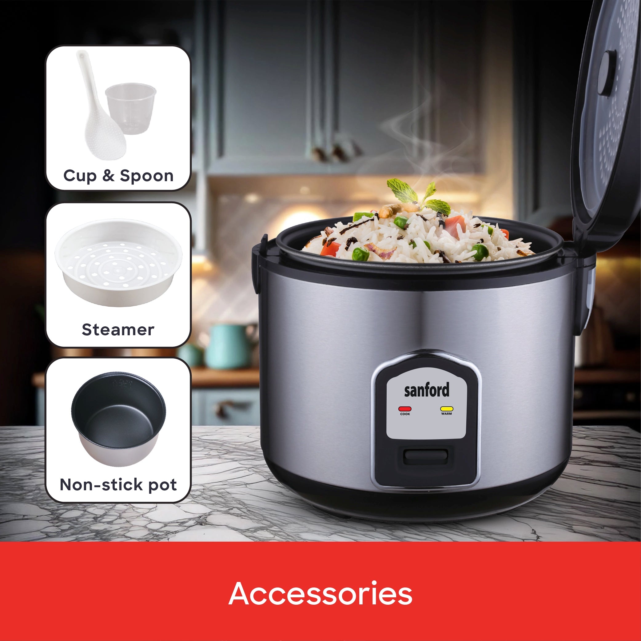 2.8L rice cooker 1000W non stick pot keep warm function sanford 6