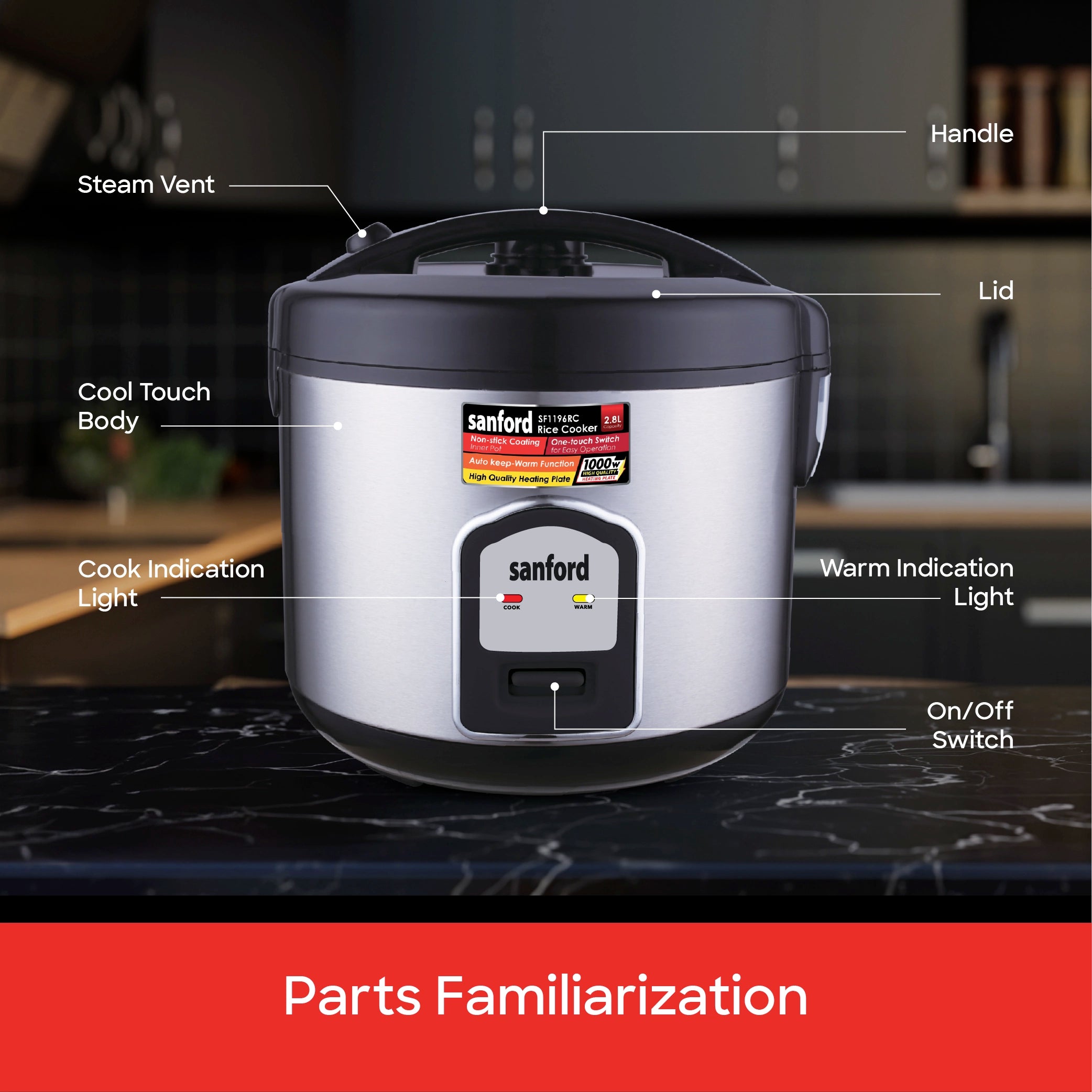 2.8L rice cooker 1000W non stick pot keep warm function sanford 7