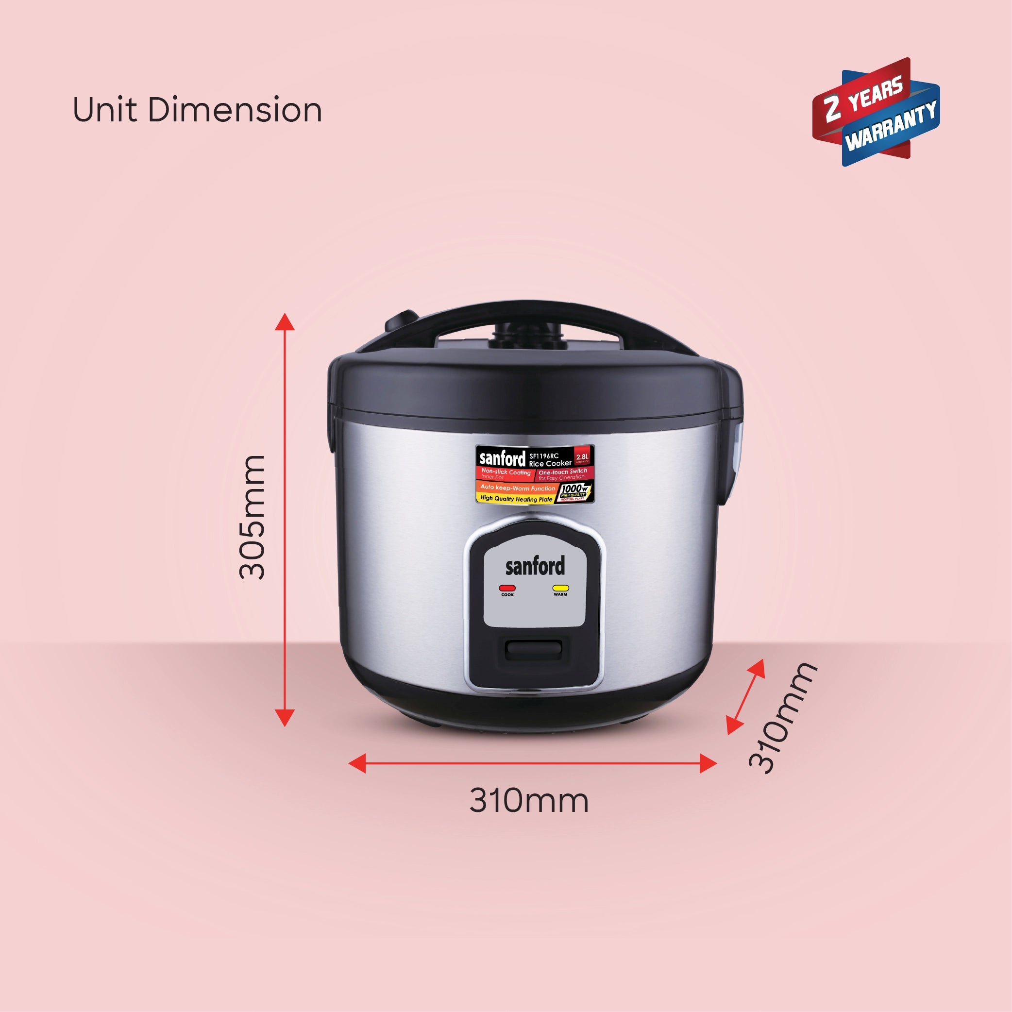 2.8L rice cooker 1000W non stick pot keep warm function sanford 8