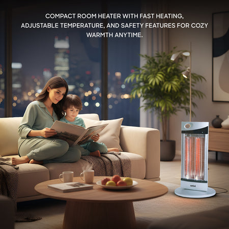 Woman and child reading a book in a cozy living room with a compact room heater.