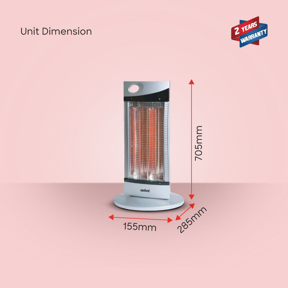 Portable heater with dimensions labeled on a pink background