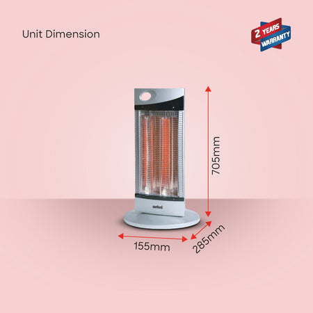 Portable heater with dimensions labeled on a pink background