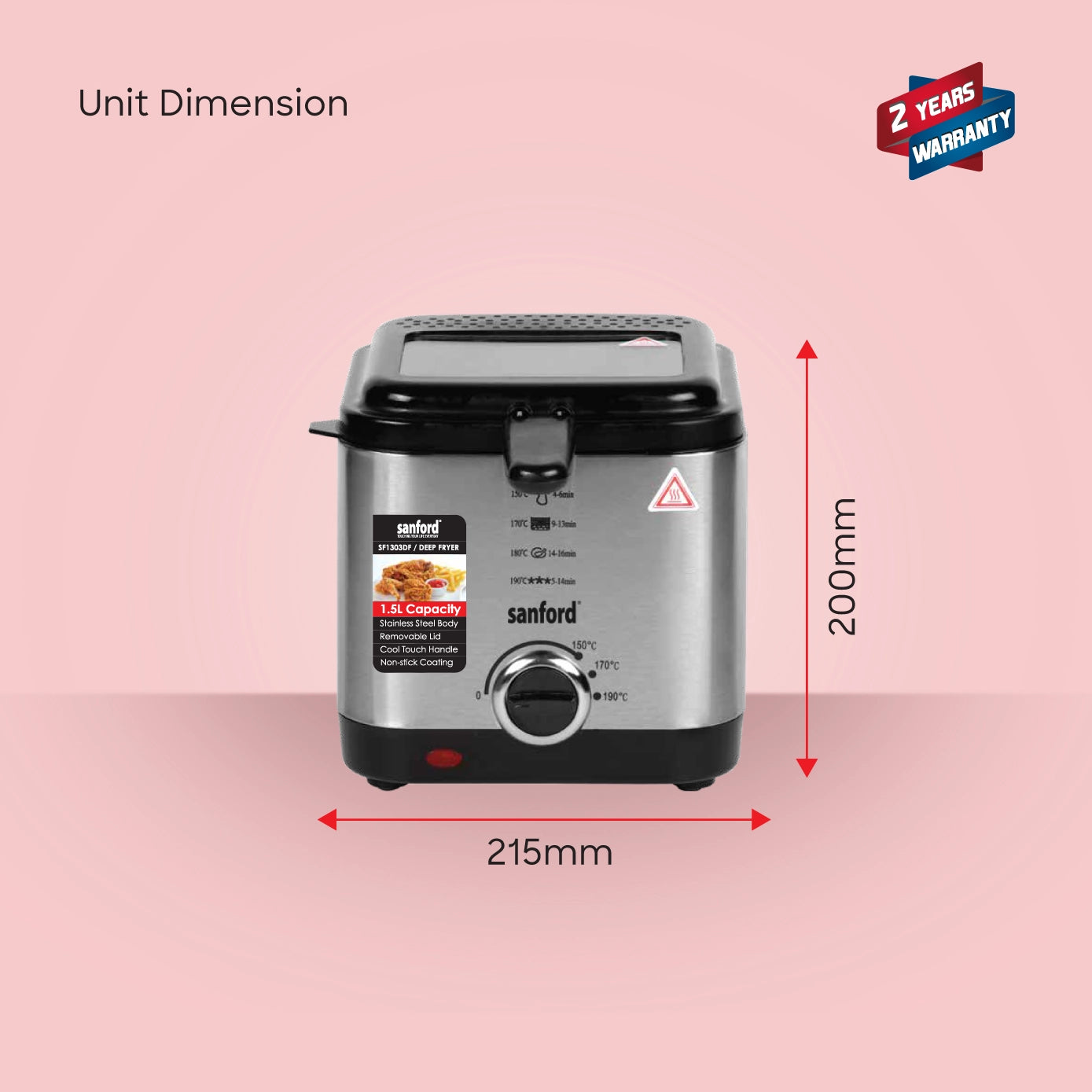 deep fryer 900W 1.5L stainless steel cool touch handle sanford 6