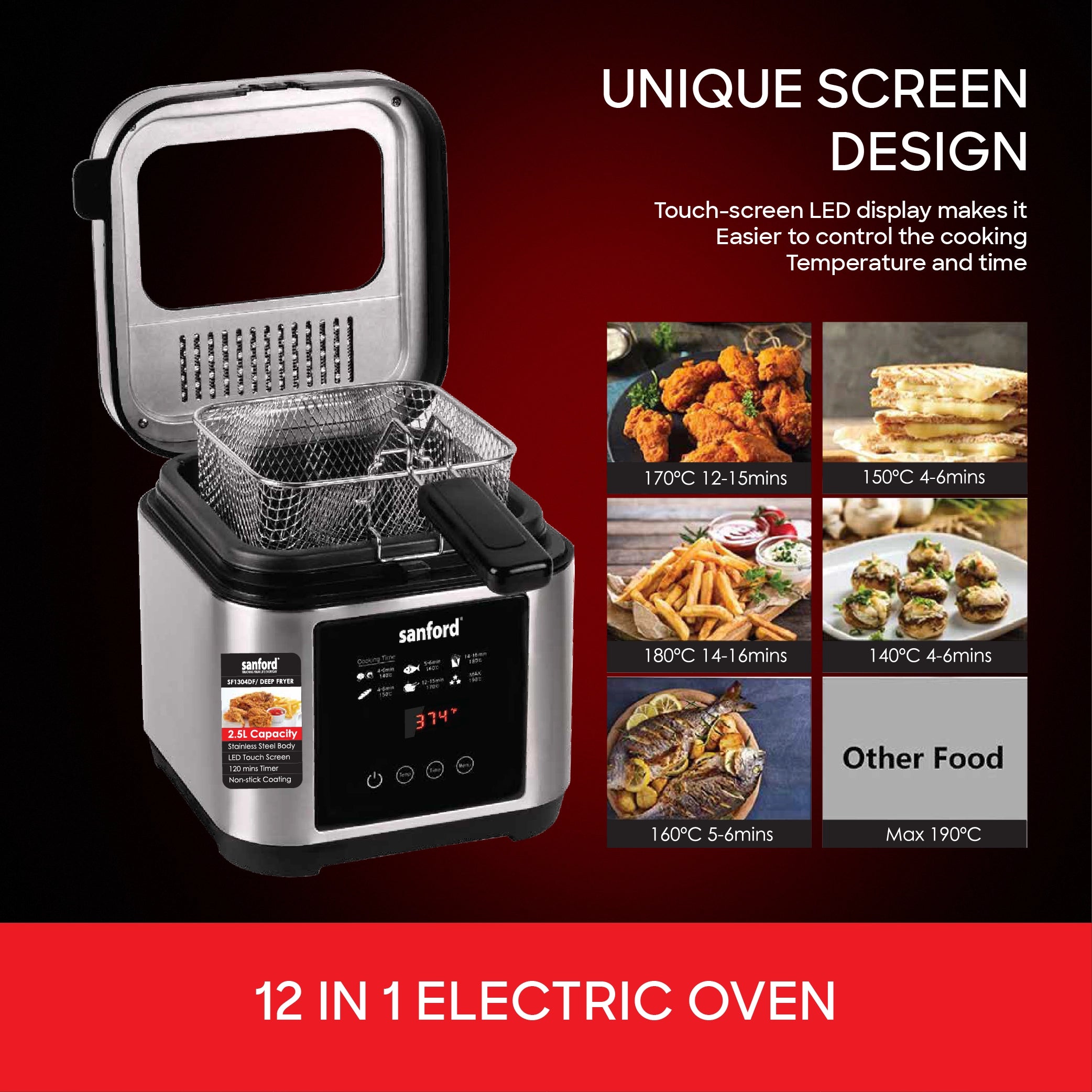 1200W 2.5L deep fryer led touch screen timer sanford 5