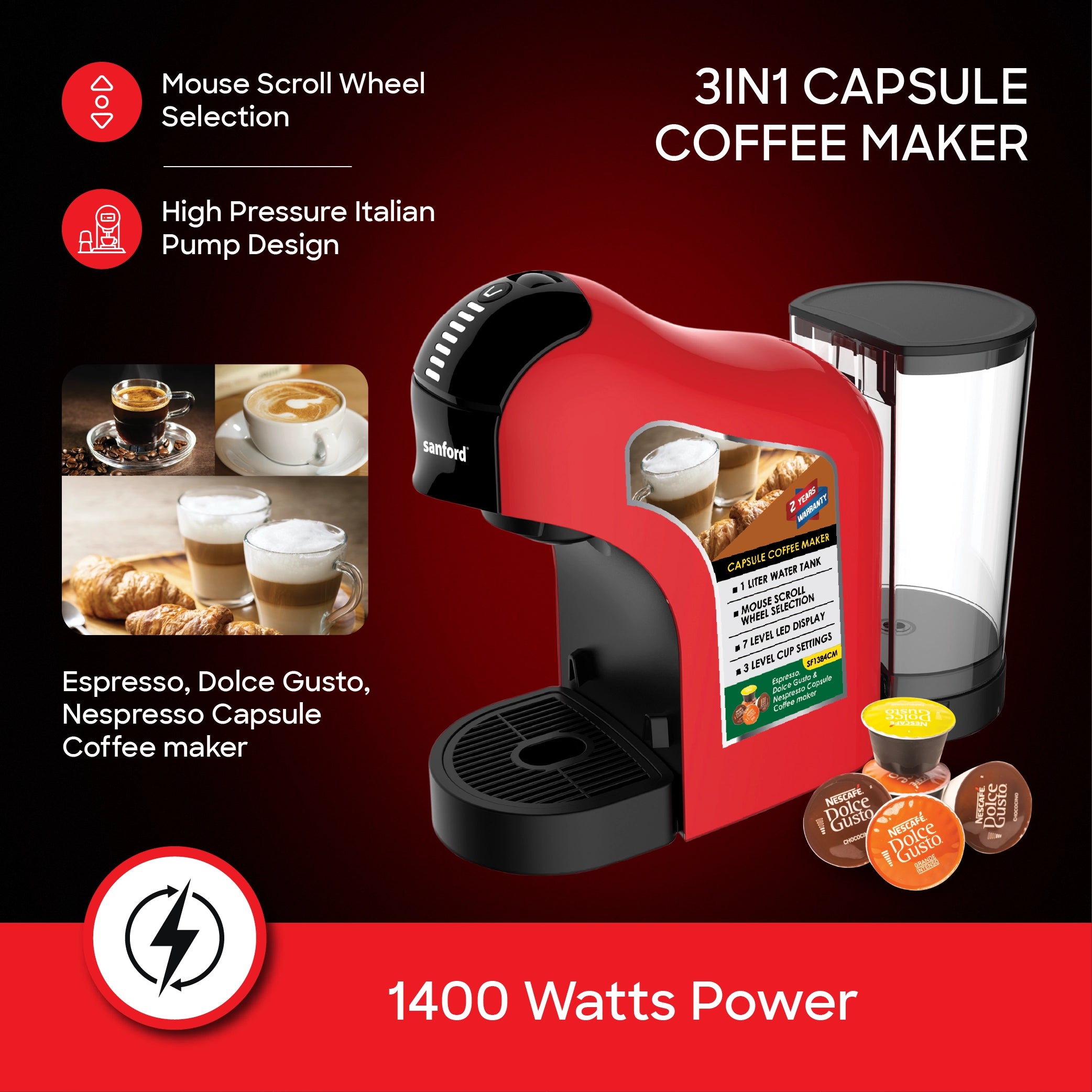 1400W 3 in 1 capsule coffee maker high pressure italian pump sanford 4