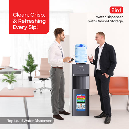 Sanford 3-tap water cooler showing hot, cold and room temperature options