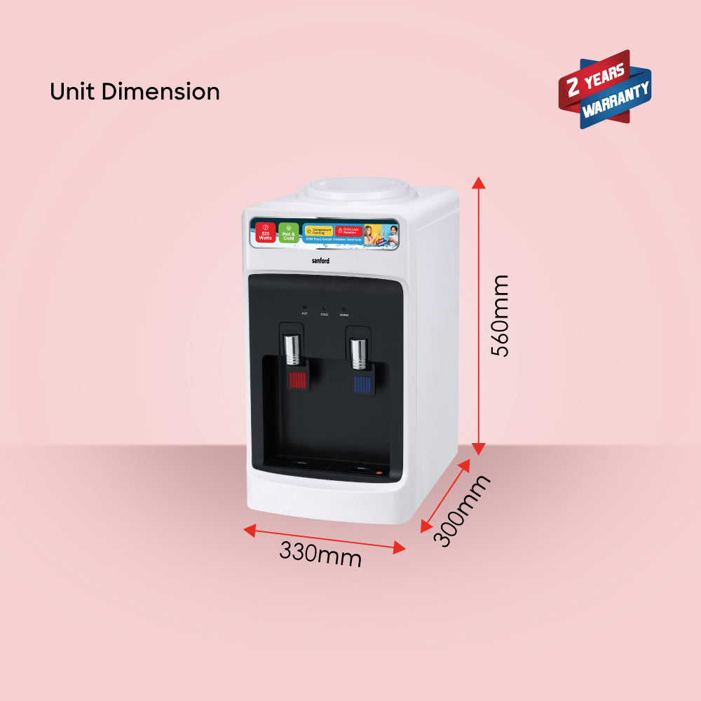 Sanford desktop water cooler for convenient hot and cold water access