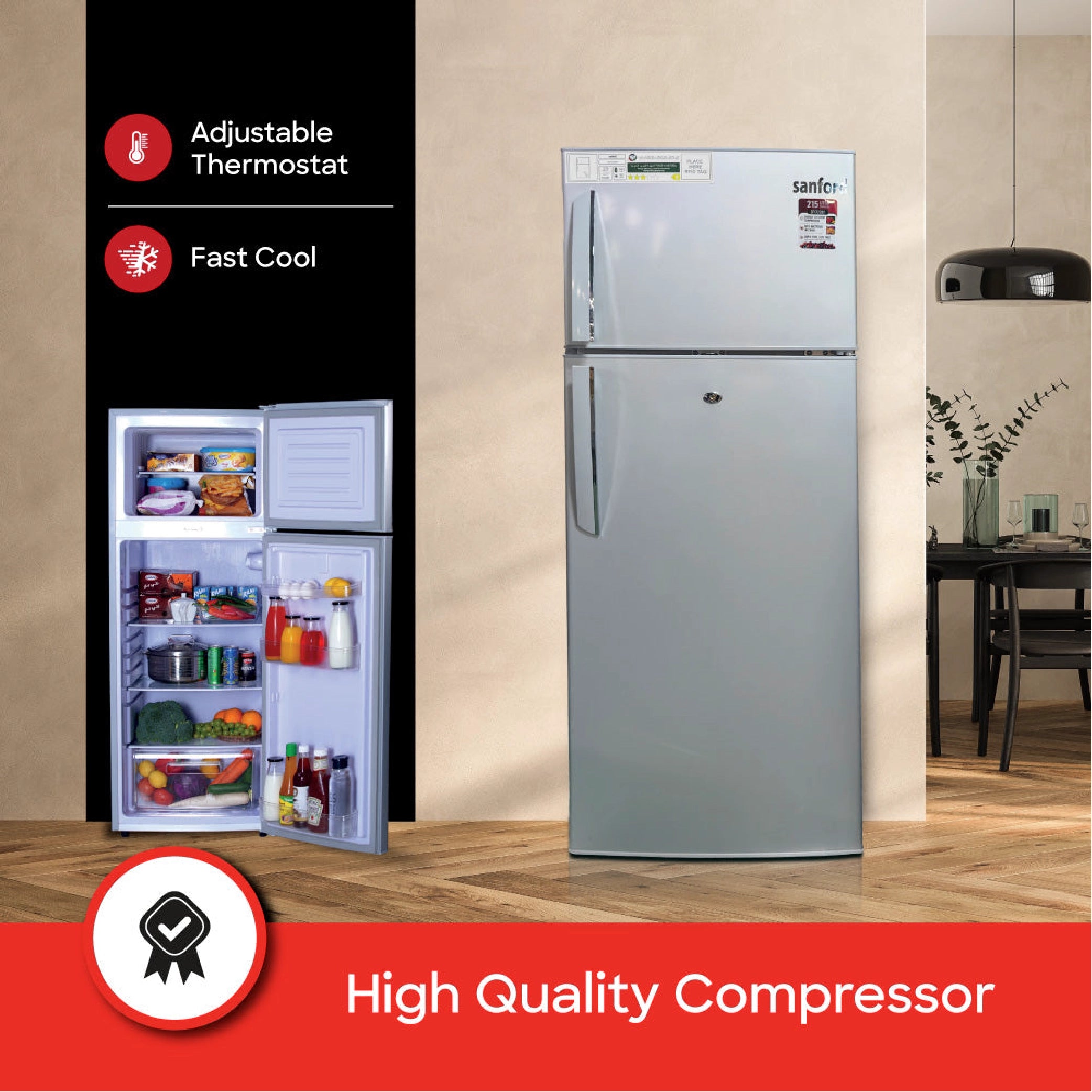215L double door refrigerator energy efficient cooling freezer sanford 3