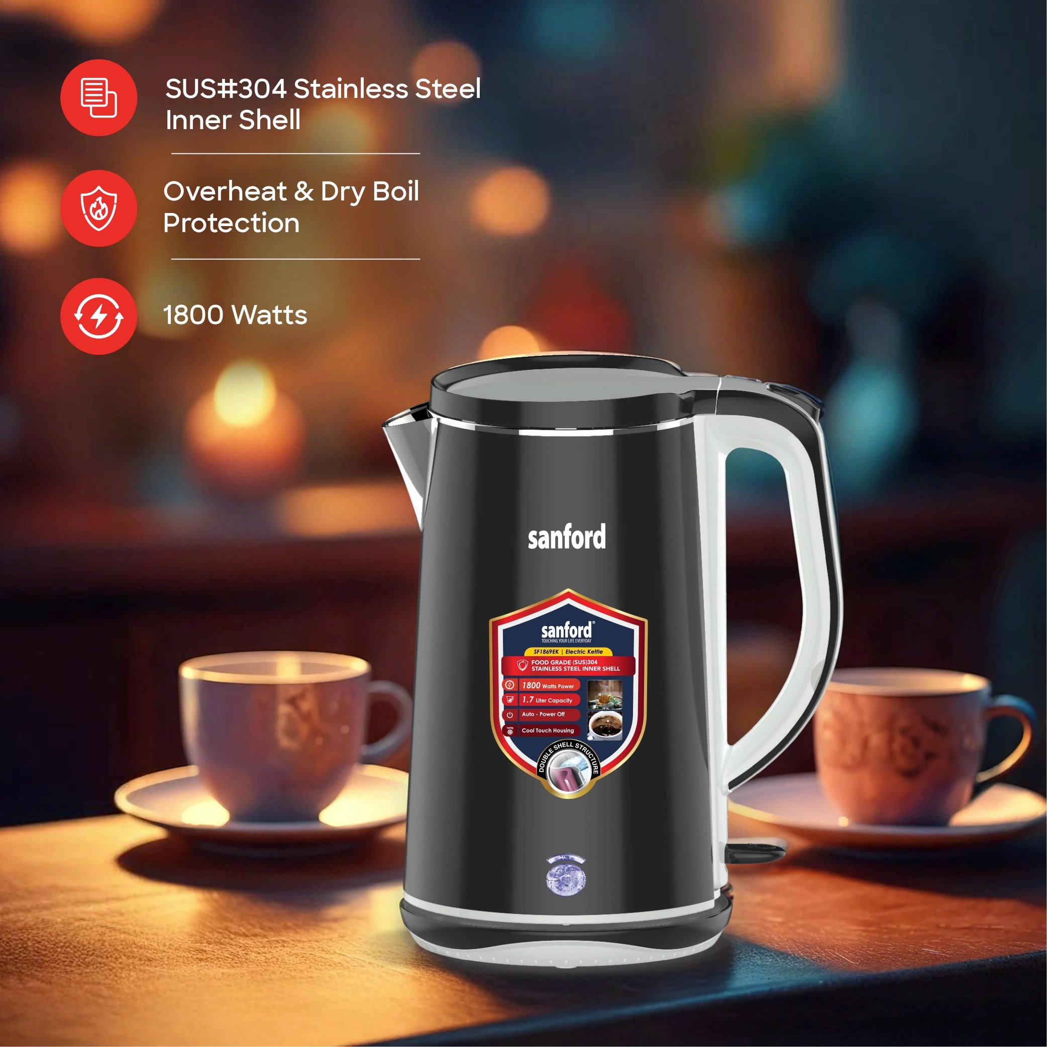 1.7L electric kettle 1800W double shell cool touch body Sanford 3