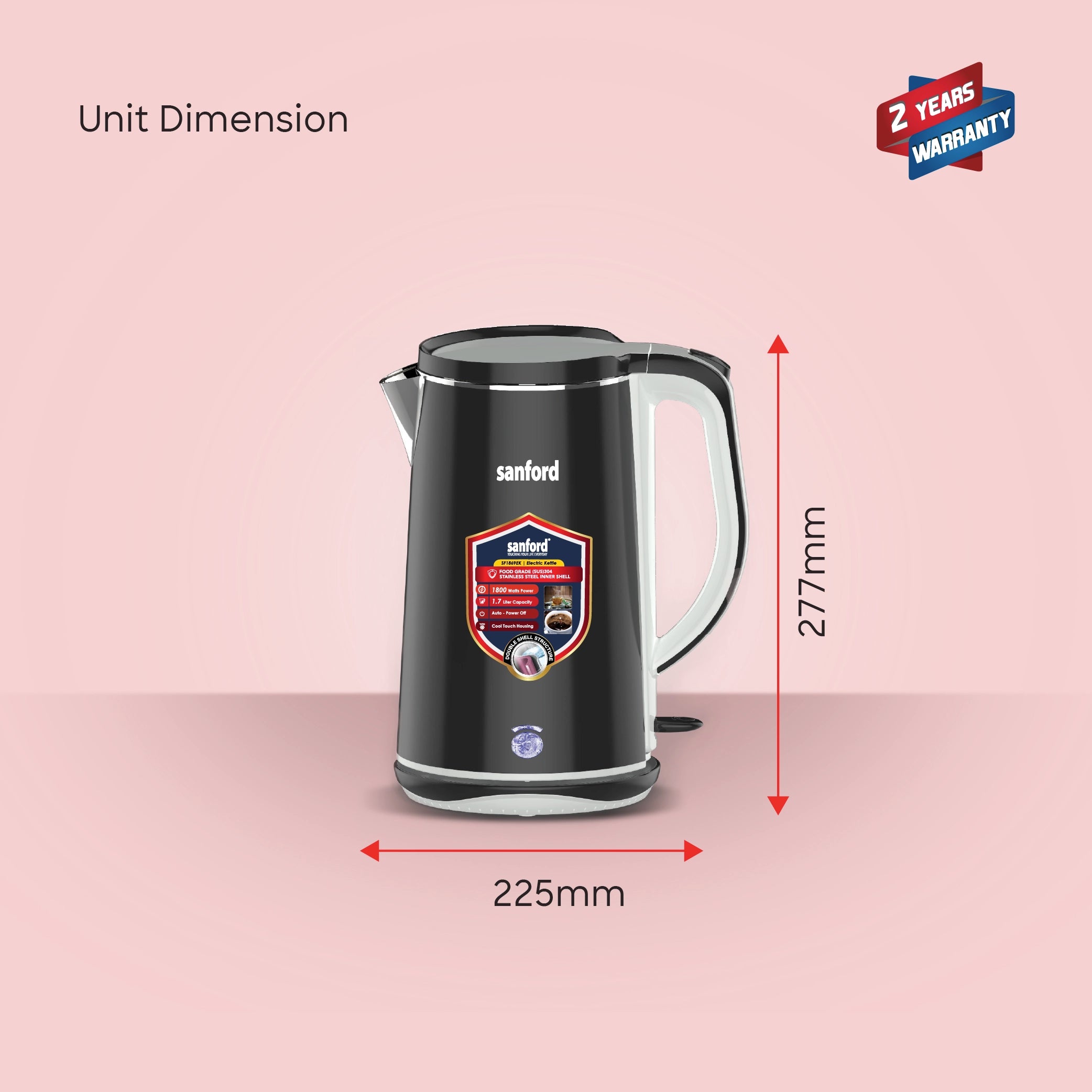 1.7L electric kettle 1800W double shell cool touch body Sanford 7