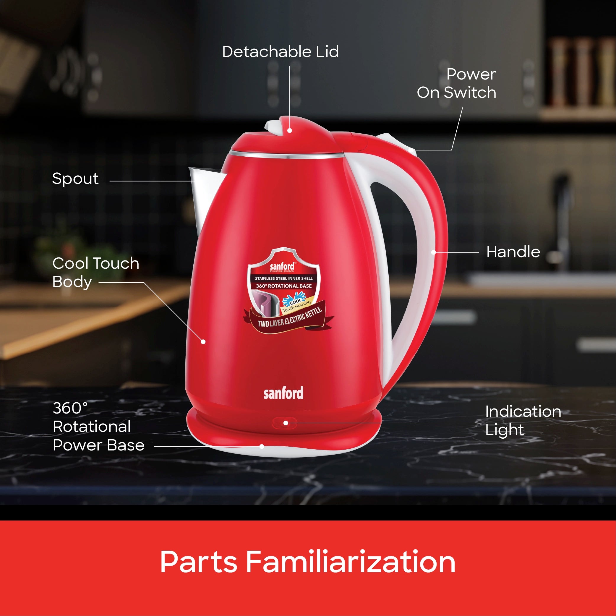 1.8L electric kettle 1500W double layer cool touch body sanford 7