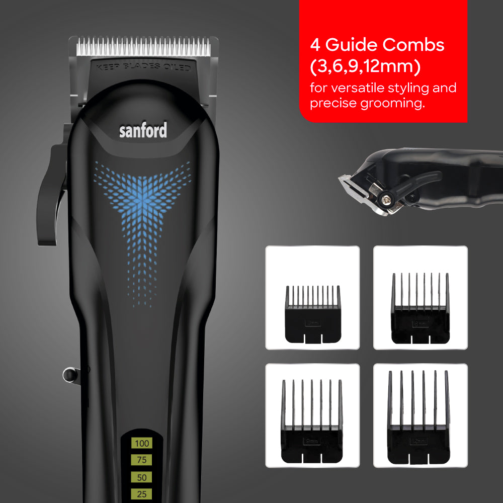 Sanford rechargeable hair trimmer complete with guard combs and accessories