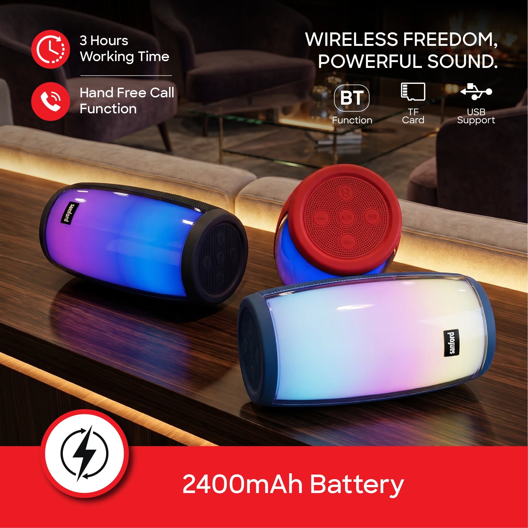 bt wireless portable speaker splash proof tws sound 8000 pmpo sanford 4
