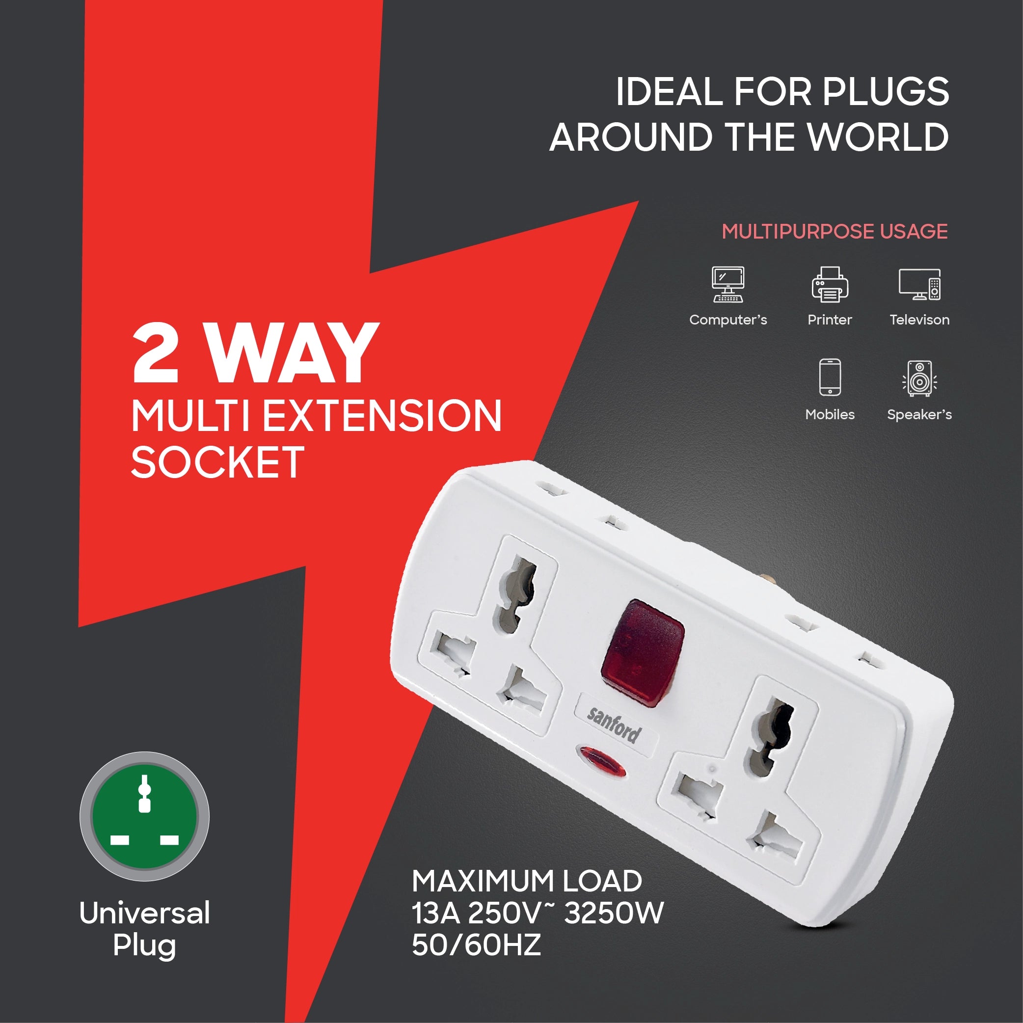 2 way socket adapter 13A surge protection power plug sanford 3