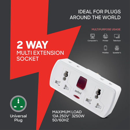 2 way socket adapter 13A surge protection power plug sanford 3