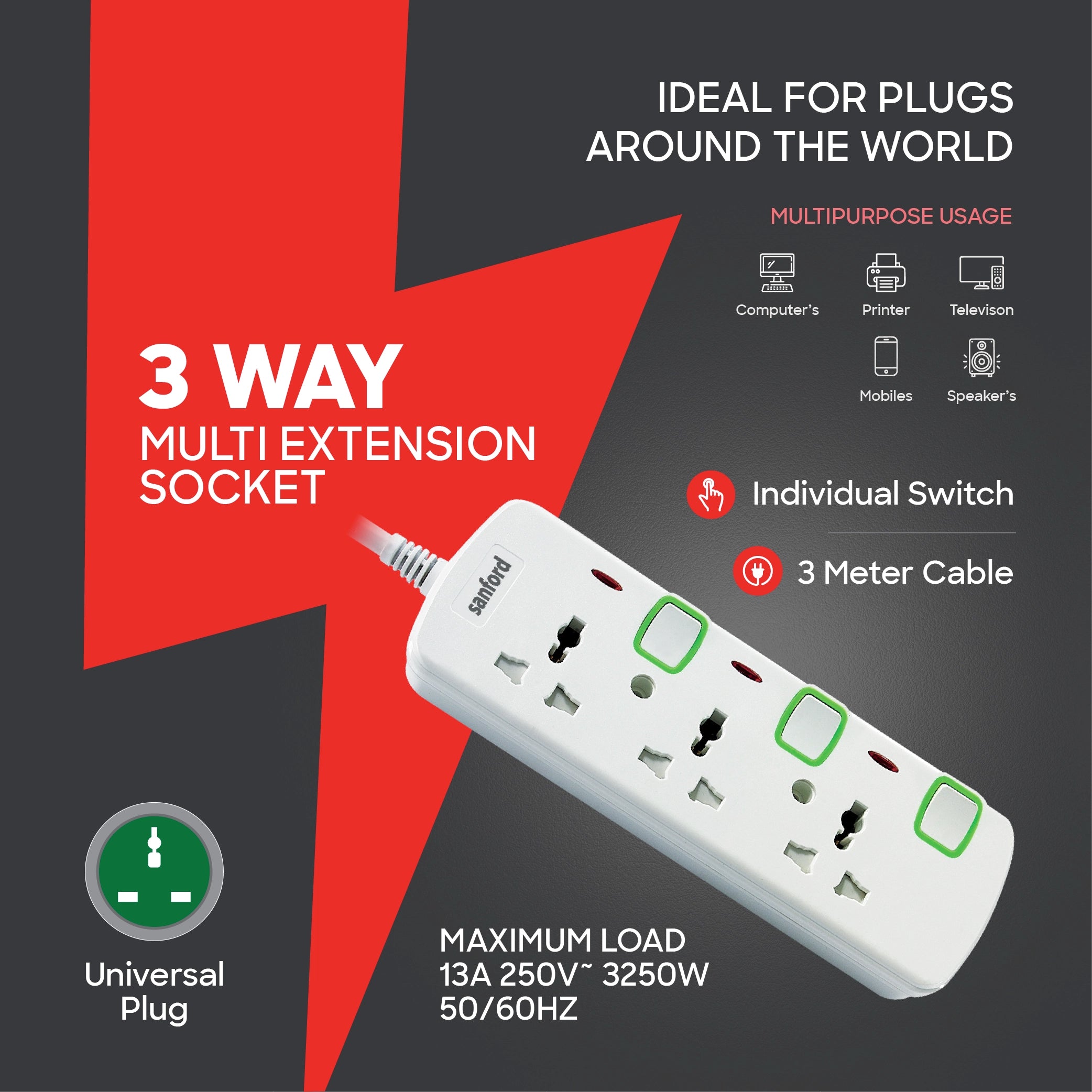 3 way socket extension surge protection LED indicator sanford 3