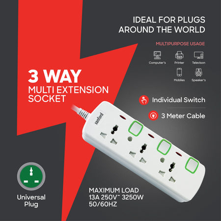 3 way socket extension surge protection LED indicator sanford 3