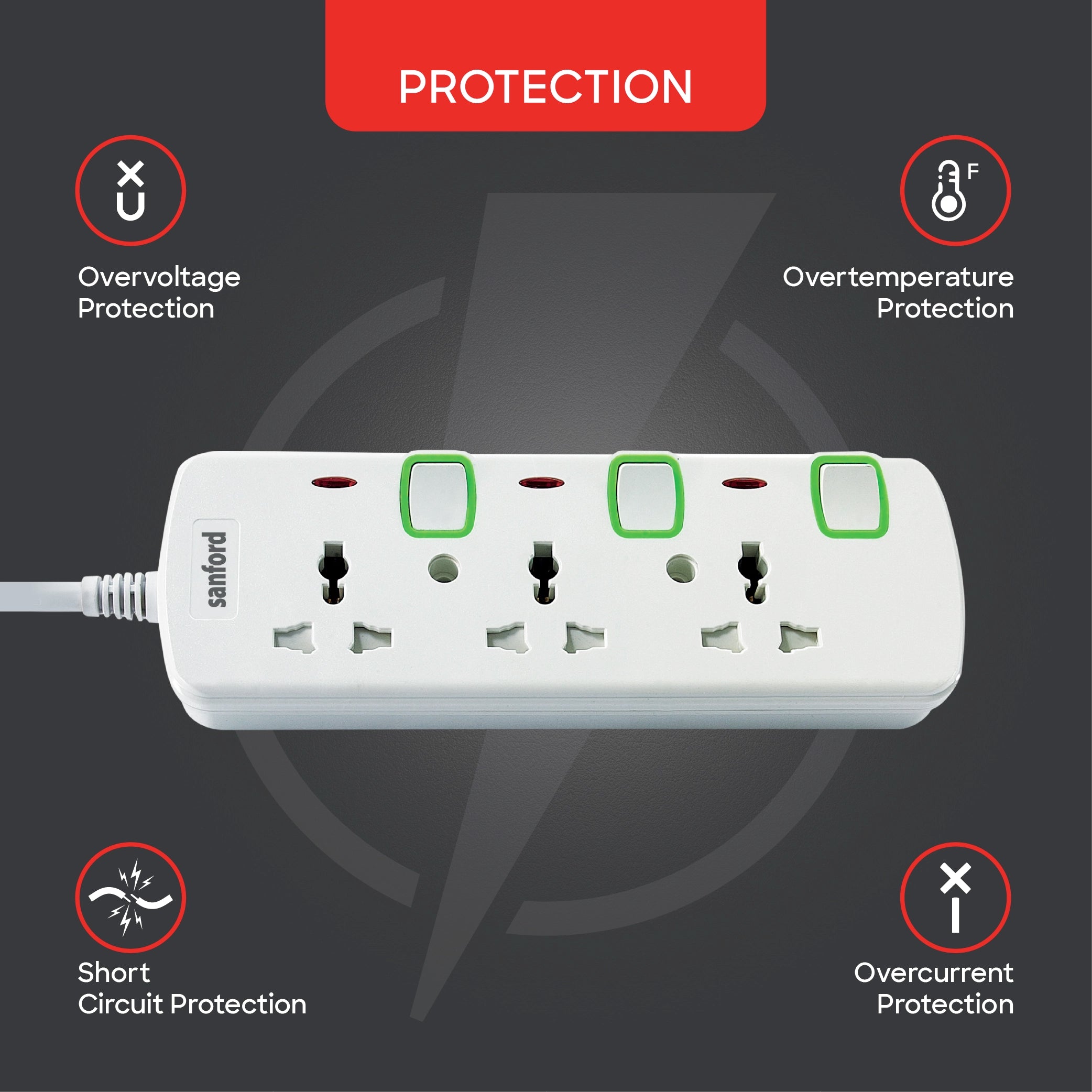 3 way socket extension surge protection LED indicator sanford 4