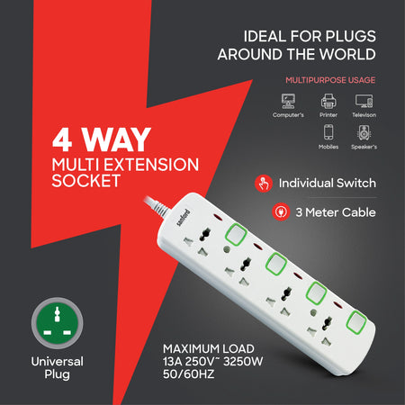 4 way socket extension surge protection LED indicator sanford 3