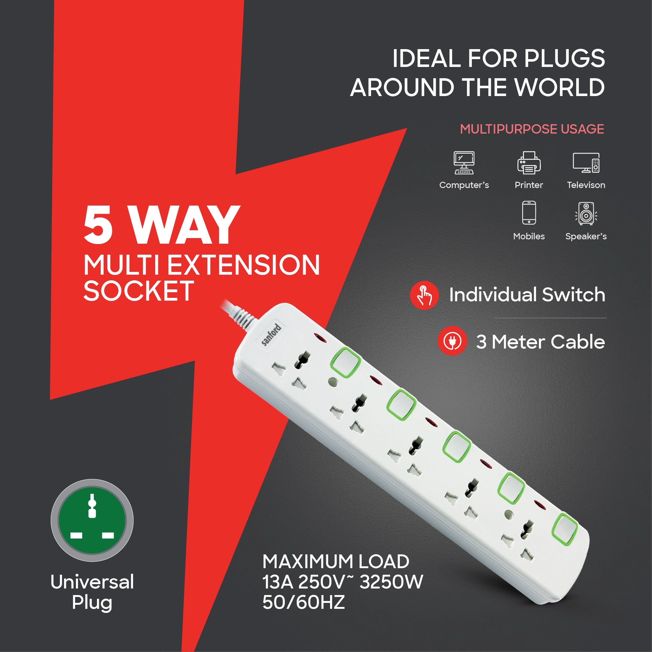 5 way socket extension surge protection LED indicator sanford 3