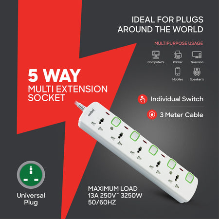 5 way socket extension surge protection LED indicator sanford 3
