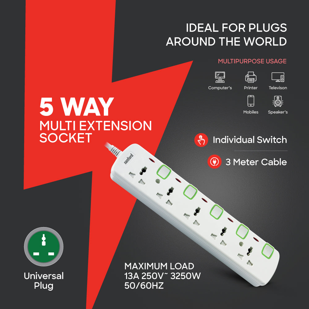 Sanford 5 Way Extension Socket | SF2303ES - buysanford