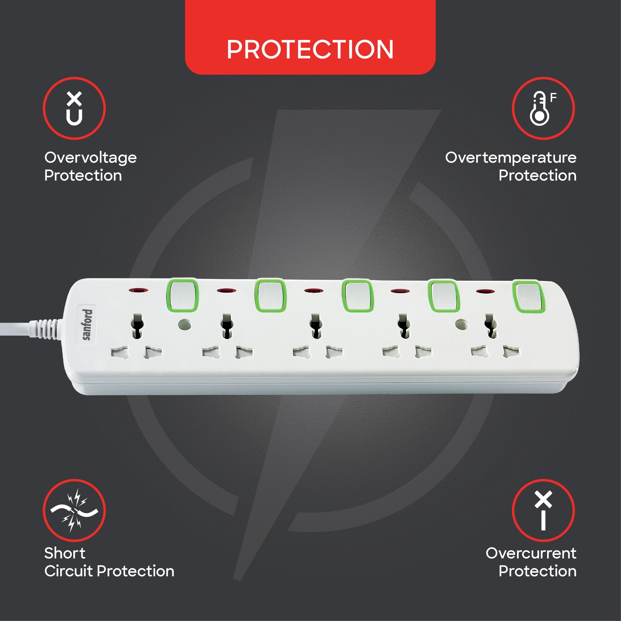 5 way socket extension surge protection LED indicator sanford 4