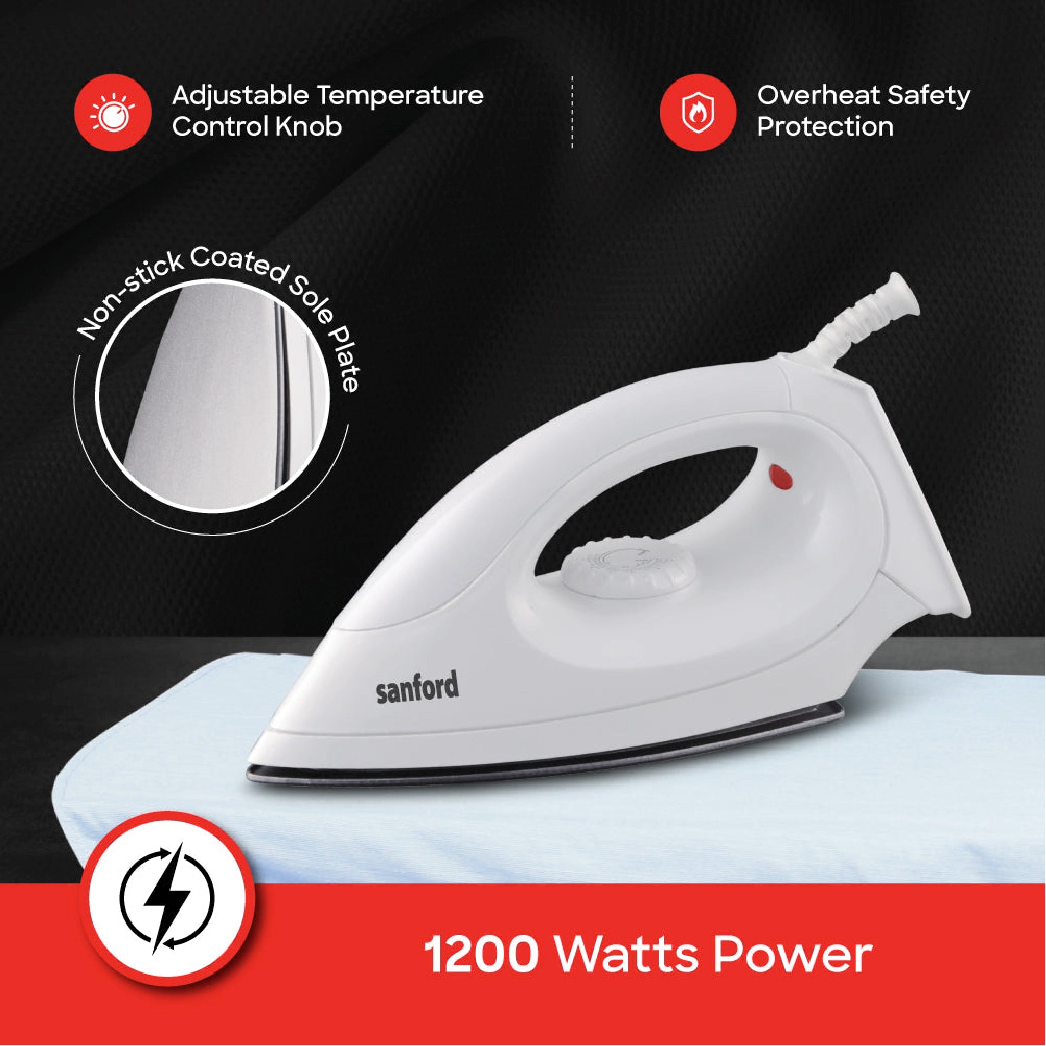 1200W dry iron non stick soleplate overheat protection sanford 3
