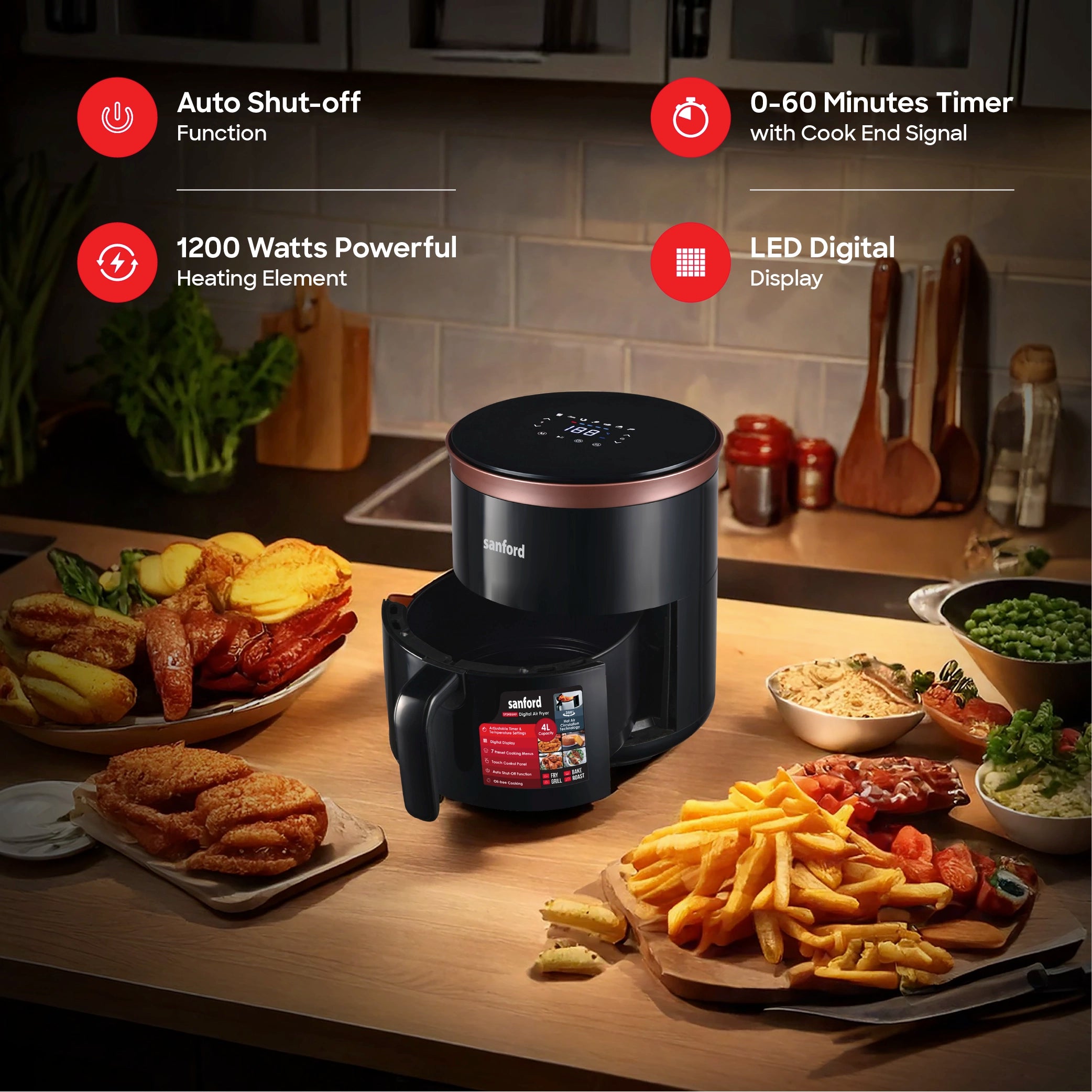 4L air fryer LED display non stick basket digital sanford 4