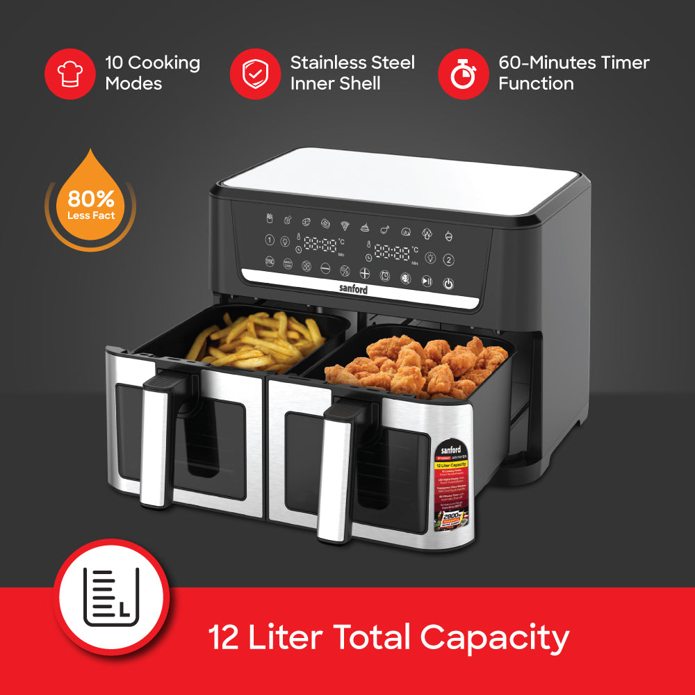 Sanford 12L Digital Air Fryer with Dual Zone Cooking and 10 Preset Menus | SF2459AF - buysanford