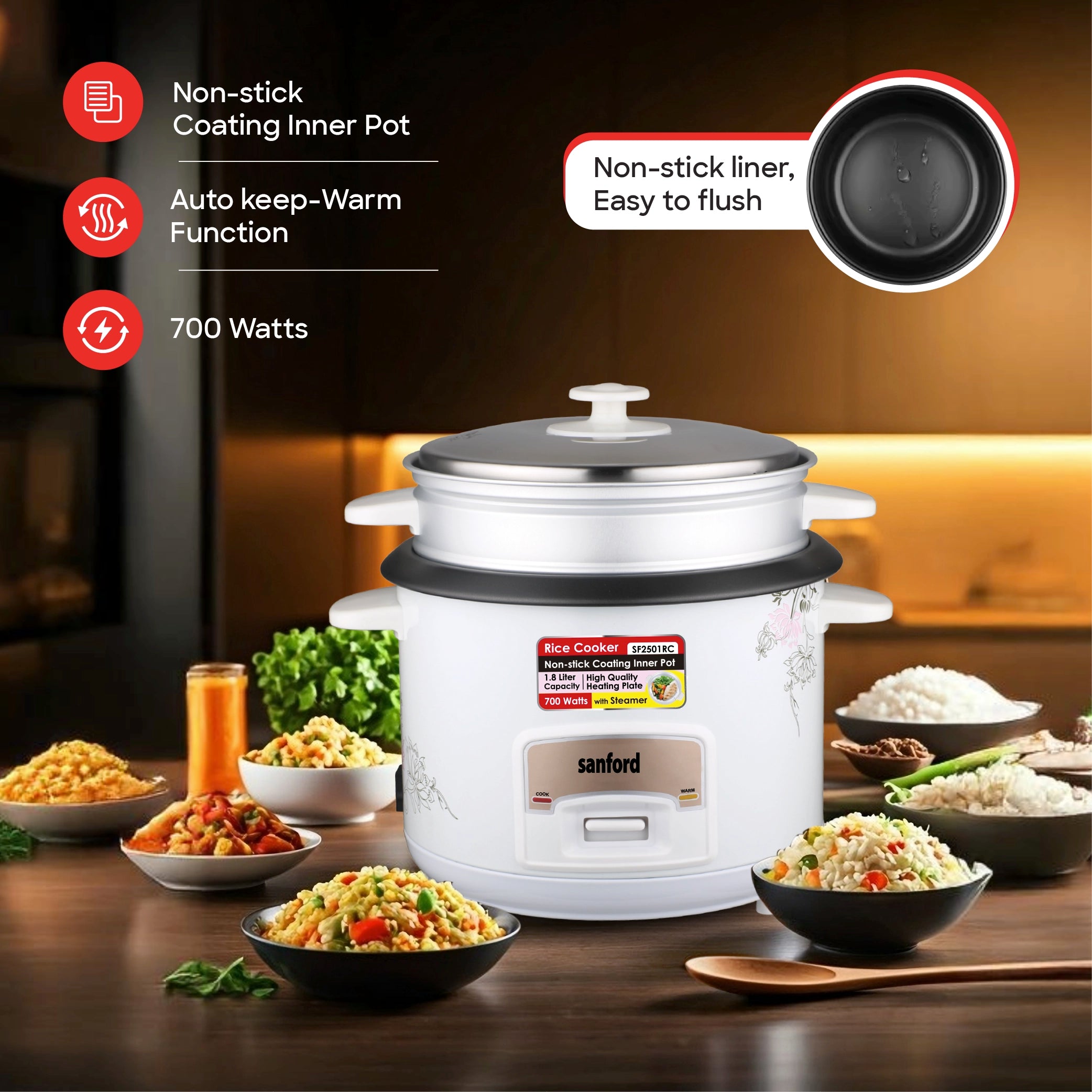 1.8L electric rice cooker 700W steamer keep warm function sanford 3