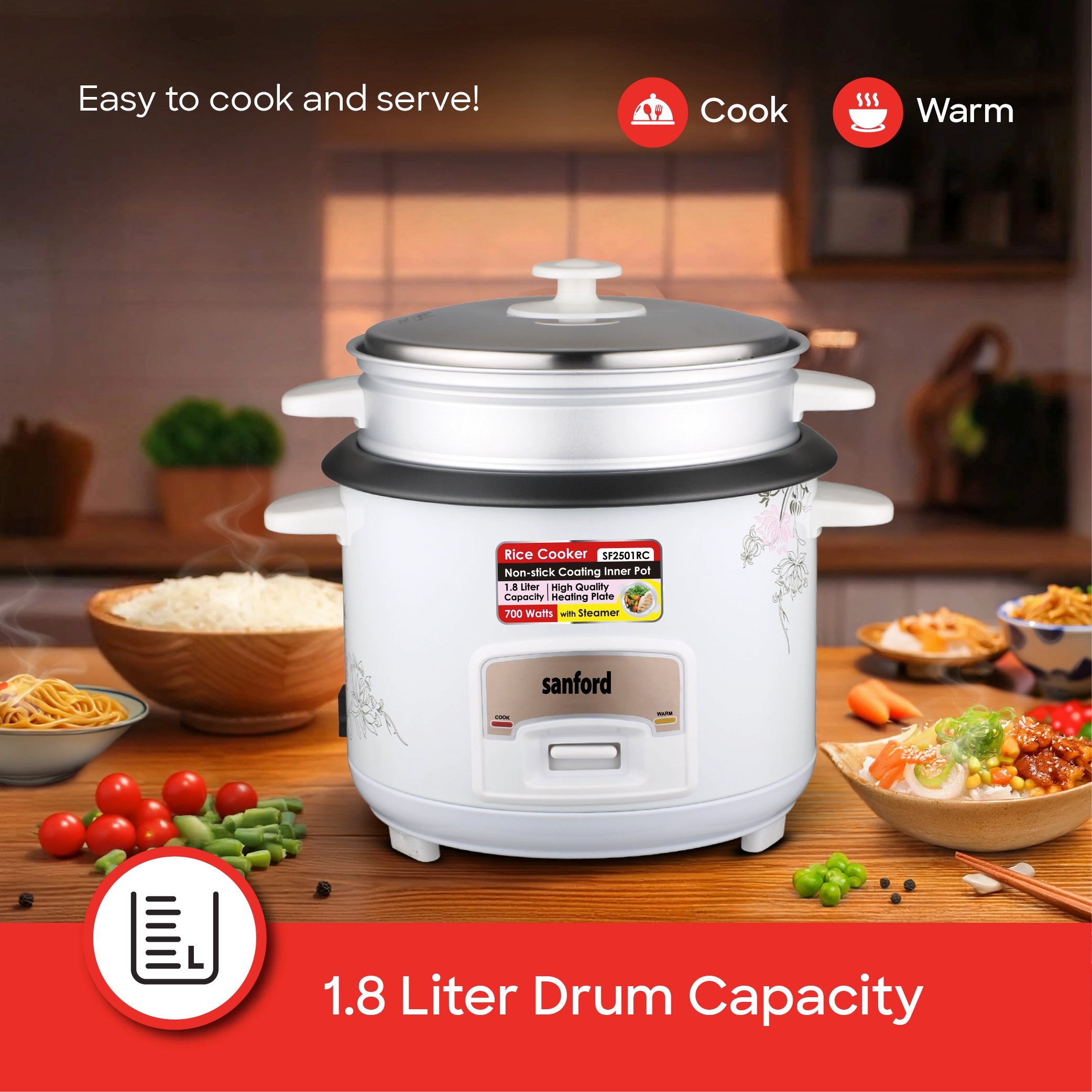 1.8L electric rice cooker 700W steamer keep warm function sanford 4