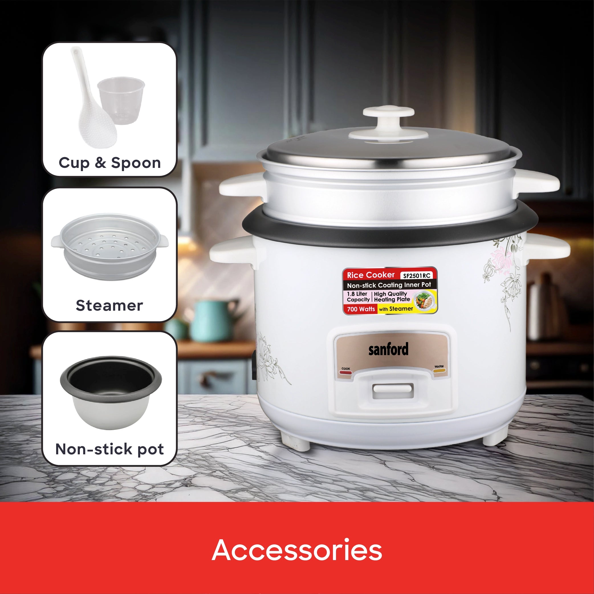 1.8L electric rice cooker 700W steamer keep warm function sanford 5