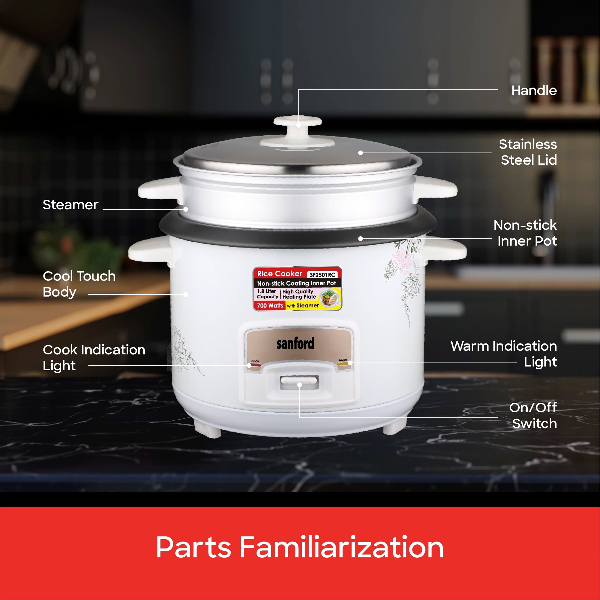 1.8L electric rice cooker 700W steamer keep warm function sanford 7