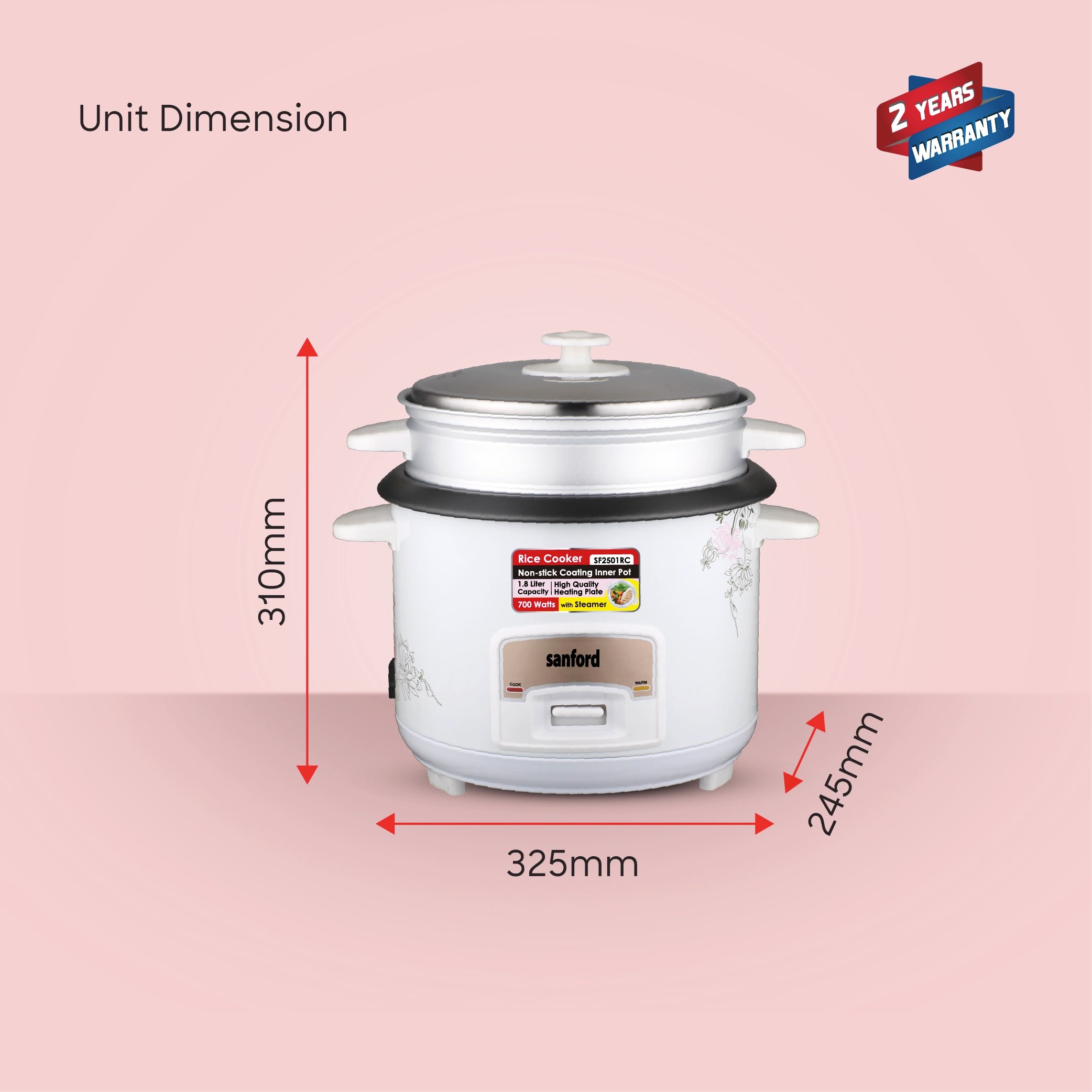 1.8L electric rice cooker 700W steamer keep warm function sanford 8