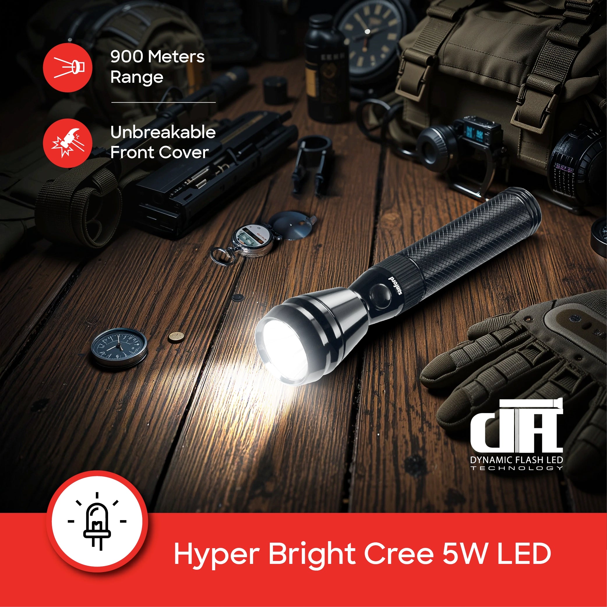 LED flashlight 5W 900m range 60 min runtime sanford 4
